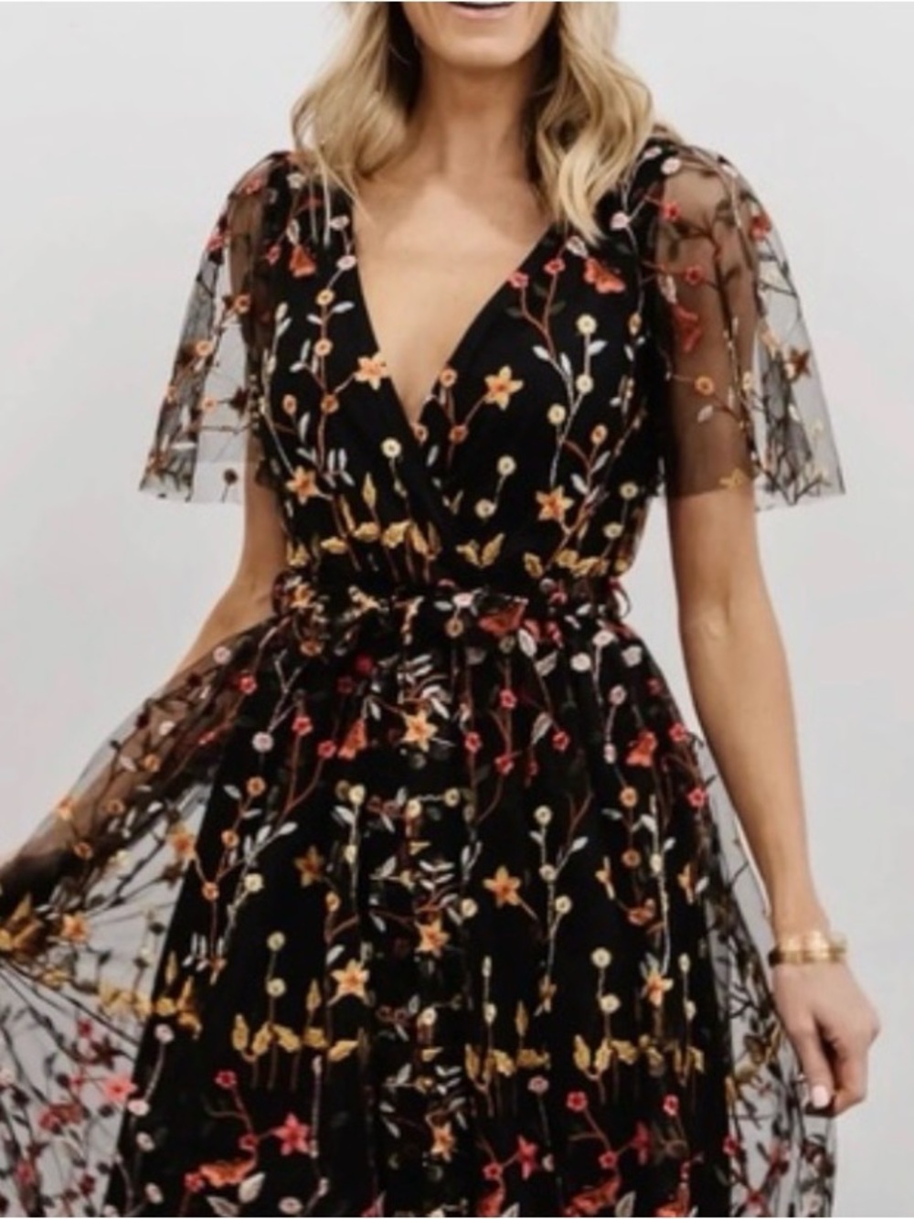 Simplee Apparel Black V-Neck Dress with Multicolor Floral Embroidery